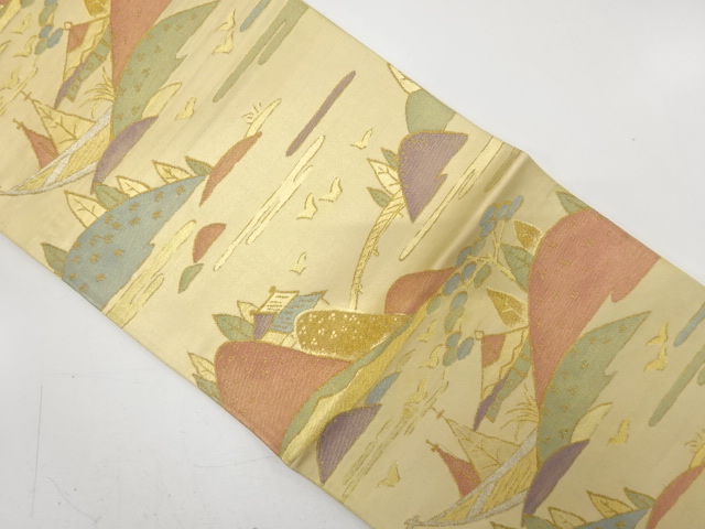 JAPANESE KIMONO / ANTIQUE FUKURO OBI / SILK / WOVEN DISTANT MOUNTAINS & BOAT & BRIDGE